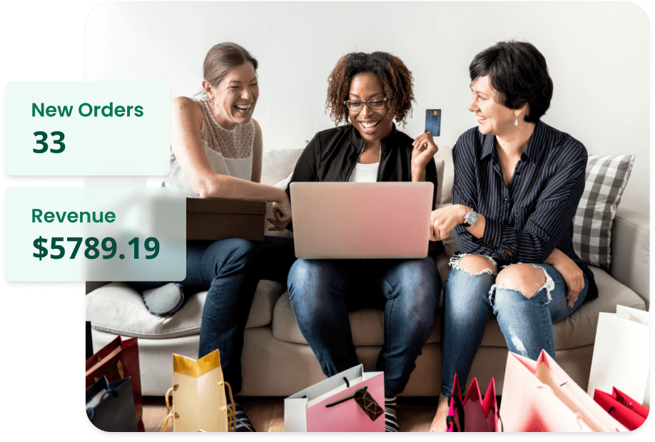 image of women shopping online with graphics showing increased orders and revenue