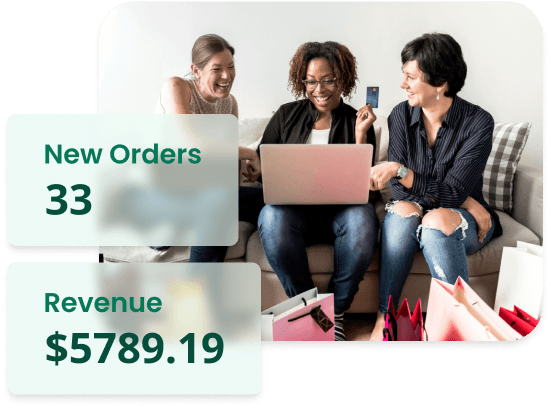 image of women shopping online with graphics showing increased orders and revenue