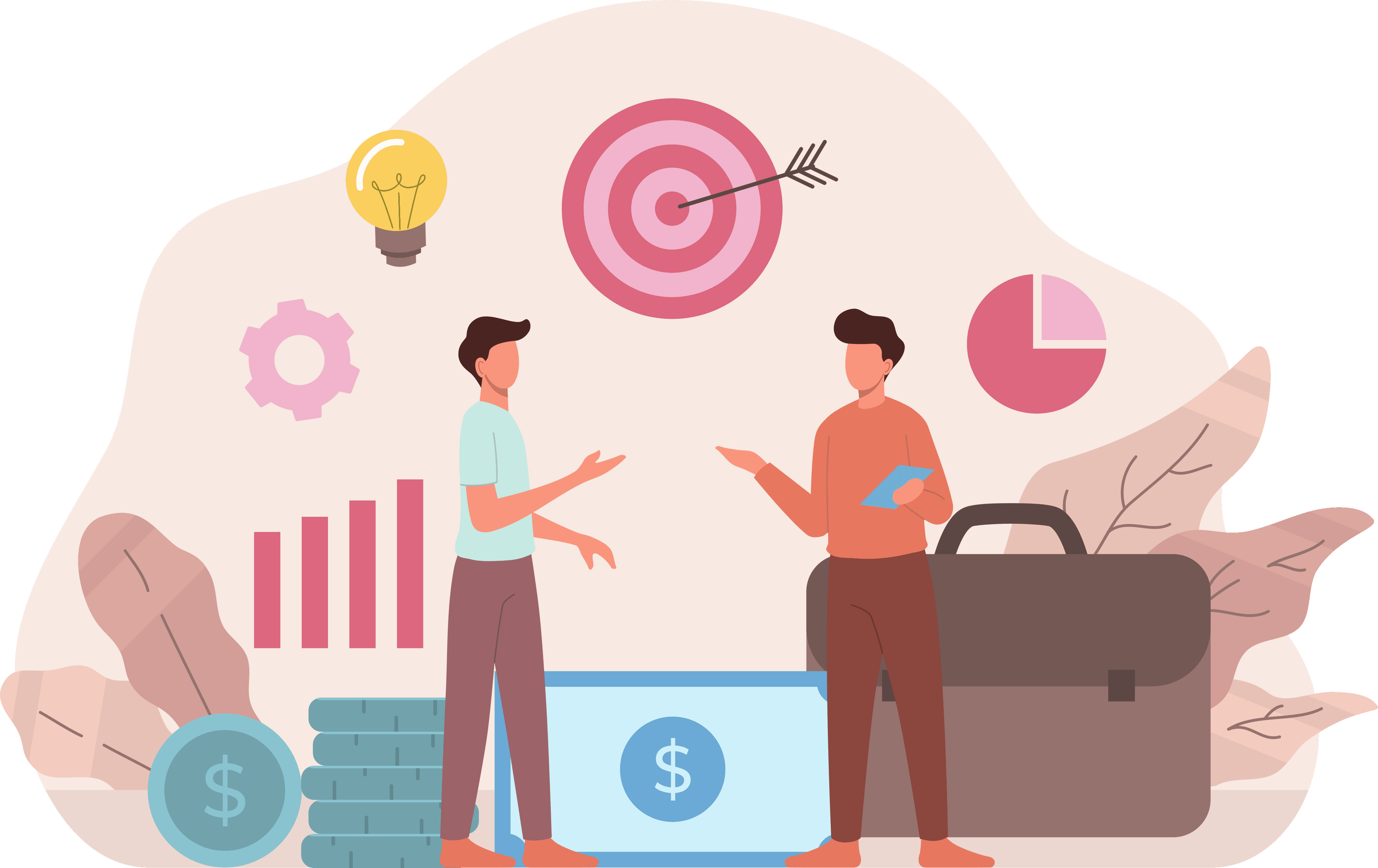 a graphic that shows two individuals discussing business ideas.