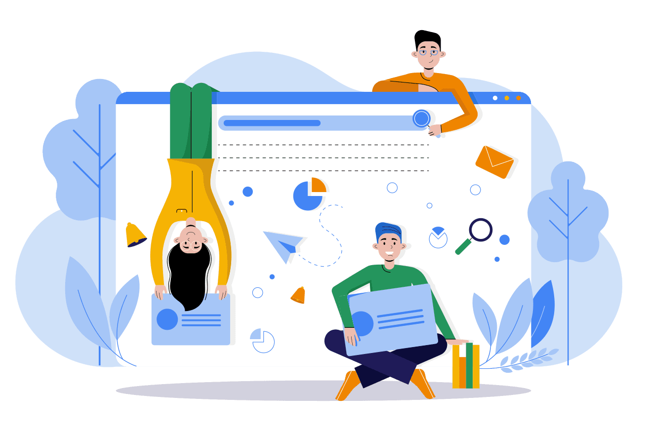 A cure graphic displaying 3 individuals working on a website.