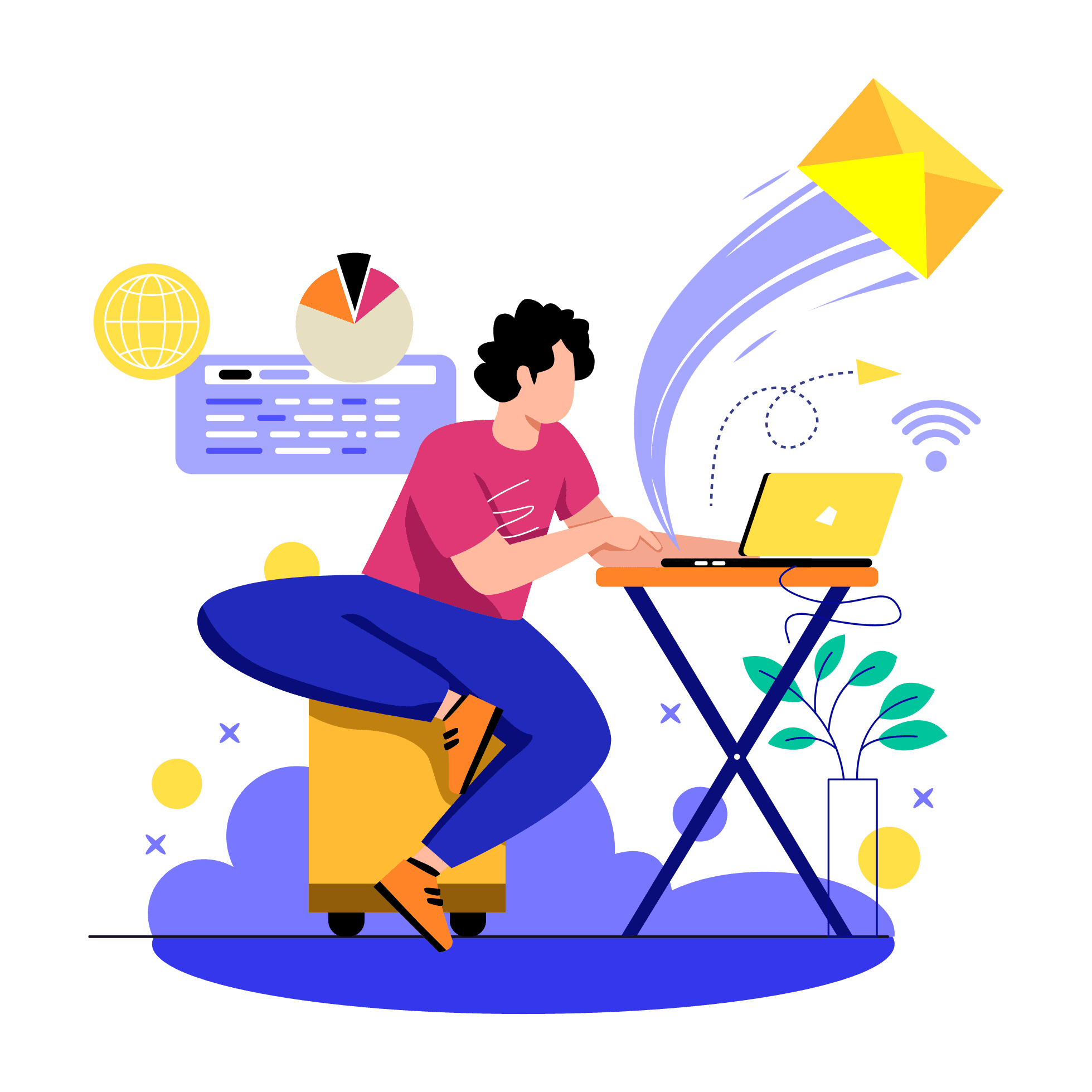 a graphic that sows an individual sending emails on his laptop.